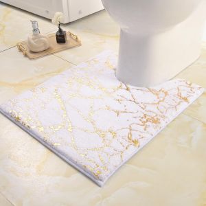 Tapis de bain antidérapant et lavable-Avec découpe blanche-Décoration dorée-Accessoire de salle de bain de luxe-En microfibre douce et absorbante-50 x 60 cm - Neuf