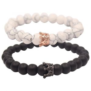 Couple Le Bracelet Avec La Couronne Du Roi Et De La Reine Agate Noir Mat Et Blanc Perles De 8mm Bracelet - Neuf