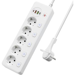 Multiprise 5 prises commutables individuellement, multiprise avec 2 USB A et 2 USB C, 5 prises avec interrupteur, montage mural avec c&acirc;ble d'extension de 2 m, PD 20 W, blanc - Neuf