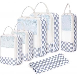 Organisateur Val , Sac Compression Voyage, Compression Packing Cubes, Organisateur Val Compressible, Cube De Rangement, Organ Urs De Bagage (Damier Bleu Gris&acirc;tre) - Neuf