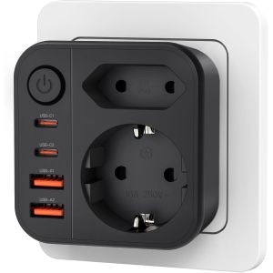 Multiprise Murale USB C PD 33W, 7 en 1 Prise Secteur Multiple Bloc USB 4 Prises 4000W 2 Port USB-C, 1 Ports USB-A Chargeur USB pour Bureau, Cuisine et Chambre, Noir - Neuf