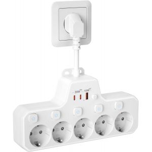 Multiprise USB C,5 Prises avec Interrupteur Individuel,Prise Multiple Murale avec Chargeur Rapide PD20W et QC18W,Bloc Electrique Parafoudre Rallonge C&acirc;ble Court 0,1 m pour Bureau de Cuisine,Blanc - Neuf