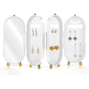 Présentoir À Boucles D'oreilles Avec Miroir, Boîte De Rangement Pliable Pour Boucles D'oreilles, Bracelets, Colliers, 153 Emplacements Pour Boucles D'oreilles, 24 Encoches, Blanc - Neuf