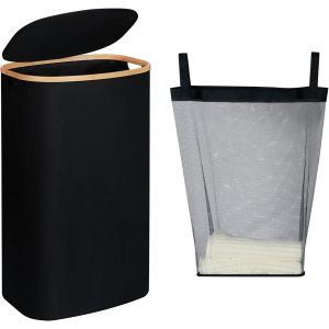 CHECARZHN--NO1-Panier À Linge Avec Couvercle, 110 L, Grand, Avec Anse En Bambou Et Sac À Linge Amovible, Pliable, Pour Buanderie, Chambre À Coucher, Salle De Bain (Noir) - Neuf