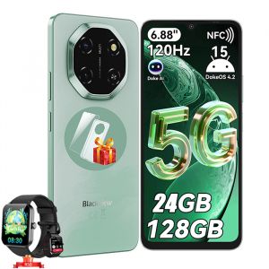 Blackview SHARK6 5G Smartphone D&eacute;bloqu&eacute; 24Go+128Go/2To 6.67" 50MP+13MP 5000mAh Android15 T&eacute;l&eacute;phone-Vert avec R50 montre intelligente - Neuf