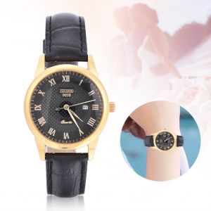 Montre A Quartz Analogique Ronde Pour Amoureux, Bracelet En Cuir (Cadran Noir, Bracelet Pour Femme) - Neuf