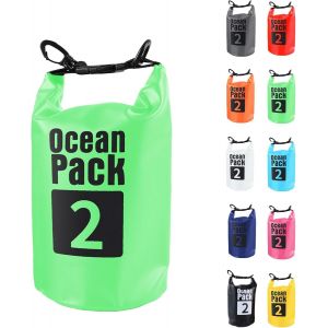 2l Sac Étanche Polyvalent,2l/5l/10l/15l/20l/30l Vert Waterproof Dry Bag Avec Longue Bandoulière Réglable Sac À Dos Confort Imperméable Pour Bateau/Kayak/Pêche/Rafting/Natation/Camping/Snowboard - Neuf