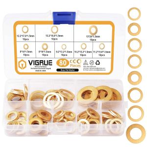 Assortiment de 80 rondelles de porte en laiton massif &Oslash; 8/9,2/10,2/11,2/12,2/13/13,2 mm pour charni&egrave;res de porte, dans une bo&icirc;te de rangement - Neuf