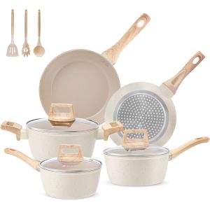 Subzonal-Set De Casseroles Et Po&ecirc;les En C&eacute;ramique Antiadh&eacute;sif, Batterie De Cuisine Induction 11 Pi&egrave;ces, 3 Casseroles 16/18/20cm + 2 Poeles 20/24cm, Non Toxique, Cr&egrave;me - Neuf