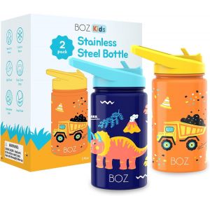 Gourde Isotherme Enfant Avec Paille 414ml, Bouteille D'eau Anti-Fuite Pour Boisson Chaude Ou Froide | Gourde Inox &Agrave; Double Paroi Isolante Et Motif Anti-Rayures Avec Poign&eacute;e, Sans Bpa (Safari) - Neuf