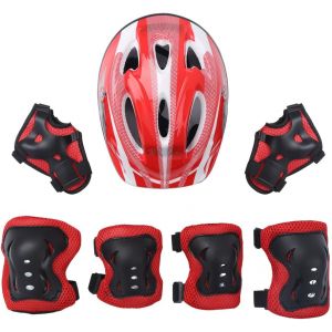 Casque V&eacute;lo Enfant 7 Pcs Set De Protection Roller Pour Enfant Fille Gar&ccedil;on Casque R&eacute;glable Coudi&egrave;res Genouill&egrave;re Prot&egrave;ge-Poignets Protection Trottinette Skateboard(Rouge,50-54cm) - Neuf