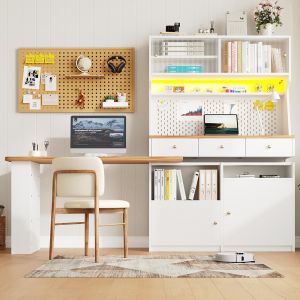 Armoire cuisine 137x45x178cm, 2 portes + 3 tiroirs, multifonction, éclairage LED, blanc - Neuf