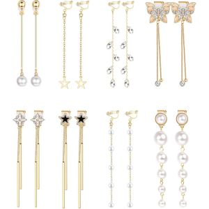 Kalhx-8 Paires Longues Boucles D'oreilles Clip Pour Femme Mode Croix Papillon Étoile Perles Boucles D'oreilles Pendantes Argent/Or Hypoallergénique Boucles D'oreilles Clips Oreilles Non Percées - Neuf