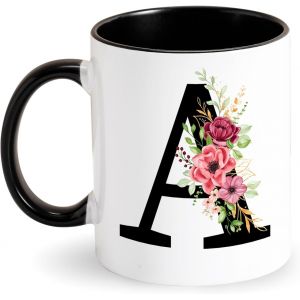 Eryi-Tasse Avec Lettre Tasse À Café Alphabet Tasse Avec Initiale Et Motif Floral Tasse Personnalisé Mug Noire Cadeau Pour Dame, Femme, Maman, Amie, Cadeau Pour Anniversaire, Fête Des Mères (A) - Neuf