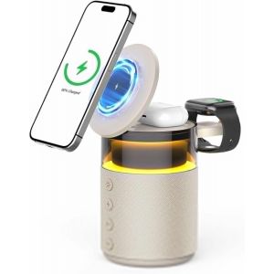 CPWO-Enceinte Bluetooth 3 En 1 Avec Lampe De Nuit Et Chargeur Sans Fil-Lampe De Sommeil Tactile,Chargeur À Induction 15 W,Bluetooth 5.4,Éclairage D'Ambiance Jaune - Neuf