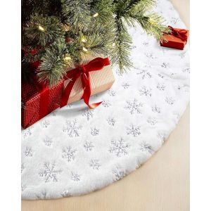 Jupe de sapin de Noël à paillettes argentées et flocons de neige, 90 cm, décoration de sapin de Noël, base en fausse fourrure blanche neige, décoration de sapin de Noël pour fêtes et fêtes. - Neuf