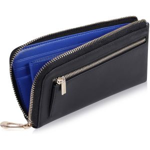 Senior-Portefeuille Long En Cuir V&eacute;ritable Pour Homme, Pochette De Carte &Agrave; Fermeture Eclair Bloquant La Rfid, Portefeuille Ch&eacute;quier Grande Capacit&eacute; Avec 12 Fentes Pour Cartes Noir+Bleu[L626] - Neuf
