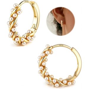 Kalanka-Boucles D'oreilles Argent 925, Twist Perles Creoles Pour Femmes Adolescentes Boucles D'oreilles Perles Argent/Or/Or Rose Mariage Mariage - Neuf