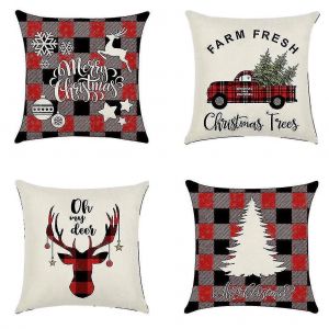 4pcs taie d'oreiller rouge à carreaux fond Noël taie d'oreiller lin motif délicat coussin - Neuf