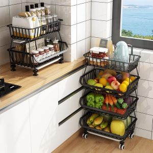 Paniers En Fil Métallique Avec Roues,Bacs De Rangement Empilables Étagère Pour Organisateur De Cuisine 3-4-5-6 Niveaux Chariot De Fruits Et Légumes Vaisselle Étagères Saisonnières - Neuf