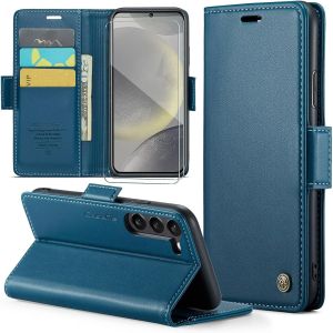 Kal-Coque Pour Samsung Galaxy S24 Plus+ 2 Pi&egrave;ces Verre Tremp&eacute;,Antivol,Prend En Charge Le Chargement Sans Fil, Pochette Fermeture Magn&eacute;tique Flip Case- Bleu - Neuf
