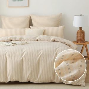 Sjzg-Housse De Couette 200x200 Coton Rayures, Beige Parure De Housse De Couette Avec Fermeture &Eacute;clair, Certifi&eacute; Oeko-Tex, Parure De Lit Ray&eacute; 200x200 Coton Avec 2 Taie D'oreiller 65x65 Cm - Neuf