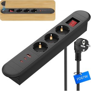 Multiprise Encastrable Avec Usb-C 67 W - 3 Prises Et 3 Ports Usb - Prise De Table Encastrable - Pour Bureau, Cuisine - Câble De 1,8 M - Noir - Neuf