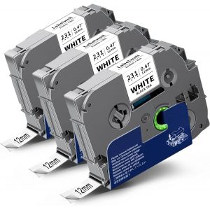 3x Ruban Compatible pour Brother TZe-231 TZe231 TZ Tape 12mm 0.47 Etiqueteuse Cassette pour Brother P-Touch PT-H100lb PT-H105 PT-H100r PT-H107 PT-E110 PT-1090 D200 1000 H108, Noir sur Blanc - Neuf
