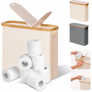 28 L 2-in-1 Boite Rangement Papier Toilette avec Couvercle, Bambou Panier &agrave; Papier Hygi&eacute;nique Boite Rangement Salle de Bain, Corbeille Porte-Papier Toilette pour 9 &agrave; 12 Rouleaux, Beige - Neuf