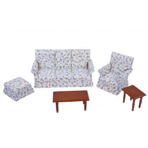 Ensemble de meubles miniatures, canape a fleurs bleues, accessoire de salon pour maison de poupee 1:12 - Neuf