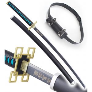 Demon Slayer Katana en Bois Muichiro Tokito Kimetsu No Yaiba Sabre + Ceinturon Noir Porte Epee Ceinture D&eacute;coration - Neuf