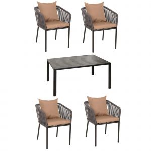 Salon De Jardin Table 140x80 Cm + 4 Chaises En Aluminium Corde Tress&eacute;e Anthracite Coussins Taupe 04_0010085 - Neuf