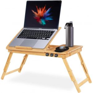 SUBZONAL-Table Ordinateur Portable Pliable Bureau de Lit R&eacute;glable en Bambou avec Tiroir Tapis de Souris et Organisateur de C&acirc;bles Support PC pour Lit Canap&eacute; - Neuf