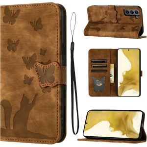 Kal-Coque Samsung Galaxy S22 Matériau En Cuir Pu De Qualité Supérieure Coque Samsung S22 Avec Fentes Pour Cartes Motif Papillon Chat Coque Samsung A22 5g Brun - Neuf