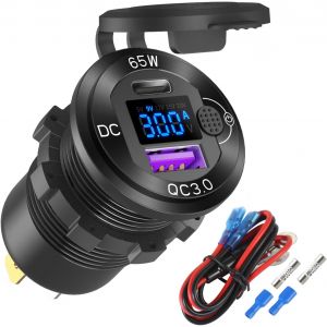 Prise Usb 12v Chargeur De Voiture En Aluminium Pd65w Port Usb Voiture Pour Ordinateurs Portables,Port U-S-B À Charge Rapide 3.0,Prise Intégrée Etanche À L'eau Avec Voltmètre Et Interrupteur - Neuf