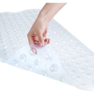 Tapis de bain et douche 40 x 16 pouces, antidérapant, extra large, avec ventouses, lavable en machine, avec trous de drainage, transparent - Neuf