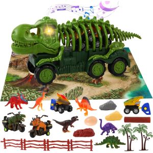 KAJGL-Jouet Camion Dinosaure,Voiture Squelette De Transport De Dinosaures Avec Sons Et Lumières,6 Figurines Dinosaures,4 Mini Voitures Dinosaures,Tapis De Jeu D'Activité,?ufs De Dinosaures Et Arbres - Neuf