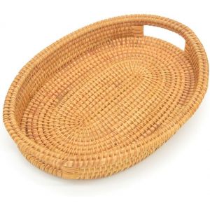 Panier Rotin Artisanal Petit, Bol Ovale en Osier, Plateau de Service Rustique Poignees, Bols a Fruits, Organisateur de Table pour Nourriture, Catering, Attrape-Tout, Marron, S, 12.6 Pouces - Neuf