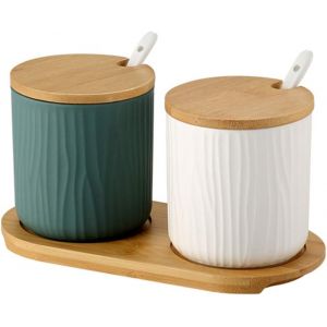 Lot De 2 Pot &Agrave; &Eacute;pices Sel Spice Jar Condiments Bo&icirc;te Bol &Agrave; Sucre Cuill&egrave;re En C&eacute;ramique Et Couverture De Bambou.[D31] - Neuf