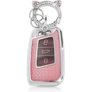 Coque de Clé de Voiture pour VW¿Accessoire Voiture Compatible avec VW Volkswagen Golf 7 Tiguan T-ROC T-Cross Polo Seat Ateca Ibiza Leon Skoda Octavia Fabia Kamiq¿Keyless¿Smart Key (Rose) - Neuf