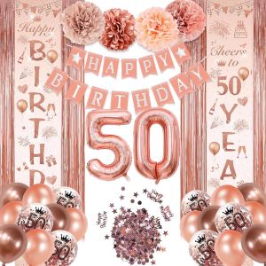 CAUC-Decoration Anniversaire 50Ans Fille, Ballon 50 ans anniversaire or rose, Ballons Confettis Or Rose, D&eacute;coration g&acirc;teau anniversaire or rose, pour D&eacute;coration de F&ecirc;te D'anniversaire - Neuf