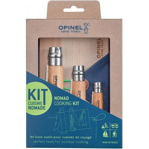 Mevronisshop-Kit Cuisine Nomade - Couteau Crant&eacute; + Tire-Bouchon D&eacute;capsuleur + &Eacute;plucheur + Planche &Agrave; D&eacute;couper + Serviette - Lame Acier Inox, Manche Bois De H&ecirc;tre - Neuf