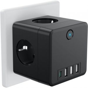 8 in 1 USB Multi Socket Electric 4 Sockets with 2 USB and 1 USB C Mains 3680W 16A Cube Wall Socket with Switch for Home, Office, Travel, Black - Neuf