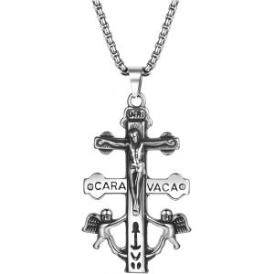 Kal-Collier Pour Homme Caravaca Croix : Collier Avec Pendentif Double Croix Crucifix Ange En Acier Inoxydable, Collier Pri&egrave;res Porte-Bonheur - Neuf
