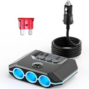 7-En-1 Multi Prise Allume Cigare, 120W Pd Usb Qc3.0 Charge Rapide 12V/24V Auto Chargeur Allume-Cigare Avec 3 Prise Et 4 Ports Usb Affichage Du Tension Par Led Pour Iphone 16/Dashcam/Gps - Neuf