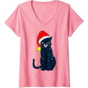 Femme Chat Noir Arbre De No&euml;l Lumi&egrave;res Vacances Chats Amant Cadeau T-Shirt Avec Col En V - Neuf