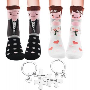 Jgd-2 Paires Chaussette Cadeau Mariage Avec Porte-Clés Puzzle En Acier Inoxydable Cadeau Couple Chaussettes Fantaisie Femme Homme Idee Cadeau Mariage Chaussette Drole Pour Anniversaire Couple Cadeaux - Neuf