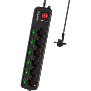 Multiprise commutable individuellement, 6 prises, multiprise avec UAB, fiche plate de 5 m, c&acirc;ble d'extension, noir - Neuf