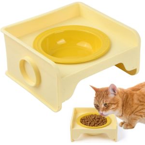CMWS-Gamelle Chien Surélevée, Support Gamelle Surelevee pour Chat, Rehausseur Gamelle Anti Glouton Ceramique, Gamelle Anti Eclaboussure Chien pour Chats et Petits Chiens (Jaune) - Neuf