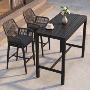 Ensemble table de bar + 2 tabourets de bar HWC-P91, chaise de bar, table haute, coussin d'assise d'ext&eacute;rieur, tressage en corde, m&eacute;talanthracite - Neuf